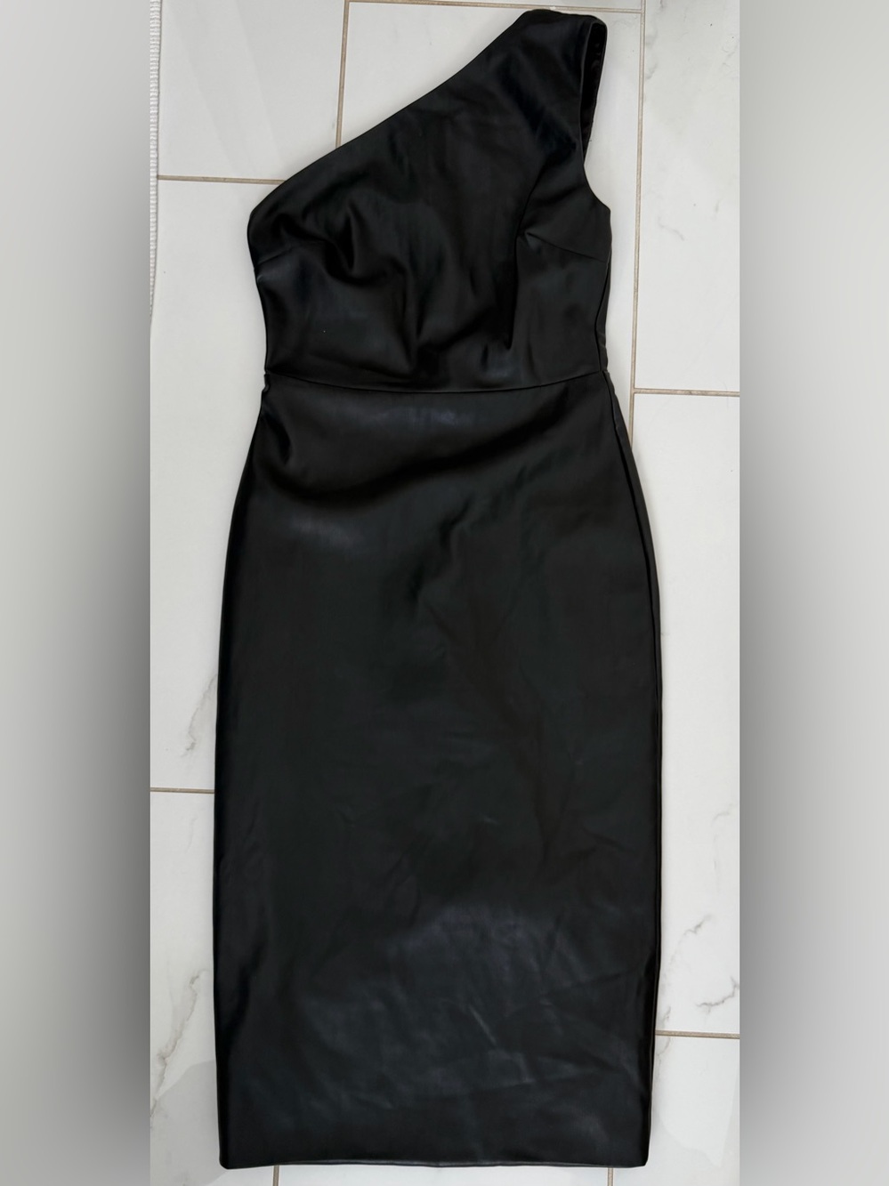 Bardot One Shoulder Black Faux Leather Pencil Dress